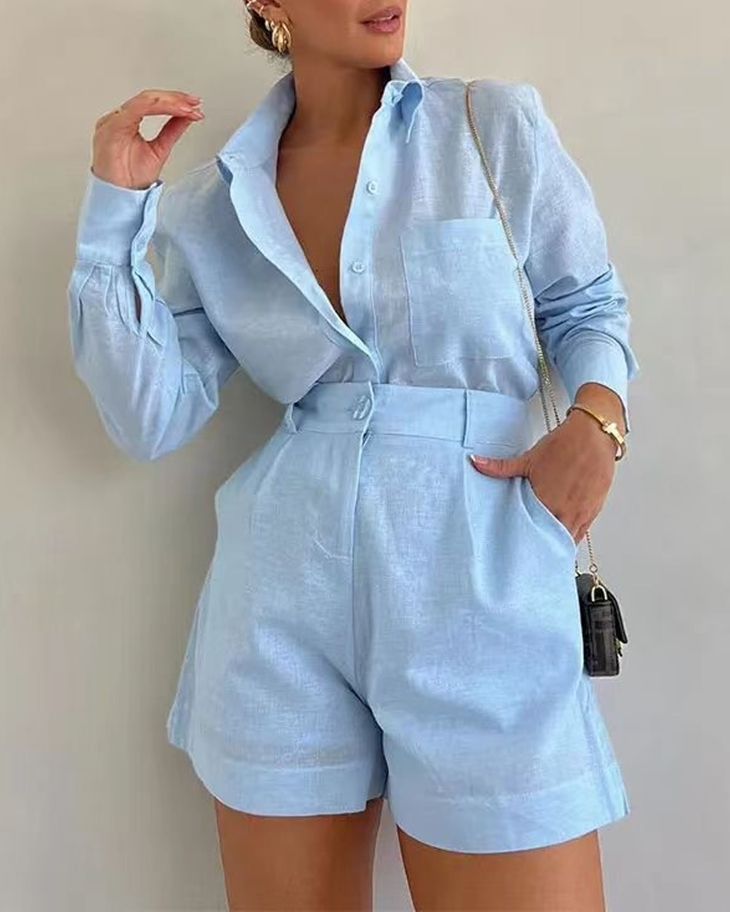 Casual Shirt High Waisted Shorts Set