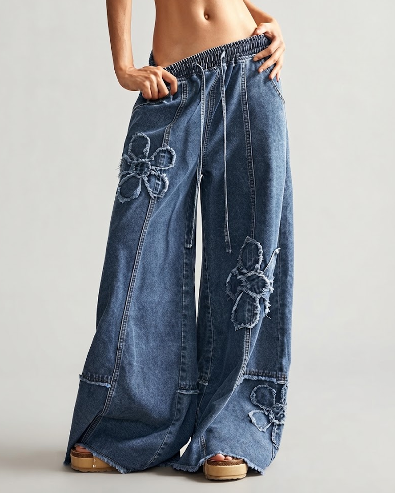 Adjustable Drawstring Elastic Waistband Floral Washed Wide Leg Loose Fit Jeans