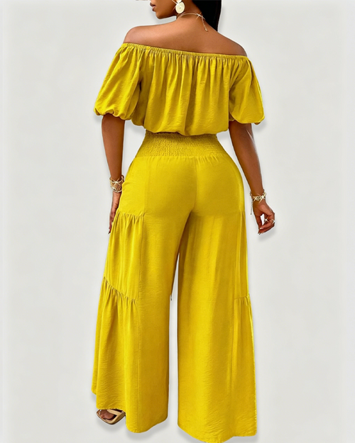 Beach Vacation Off Shoulder Bow Tie Wide Leg Pants Matching Set