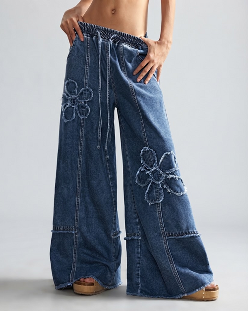 Adjustable Drawstring Elastic Waistband Floral Washed Wide Leg Loose Fit Jeans