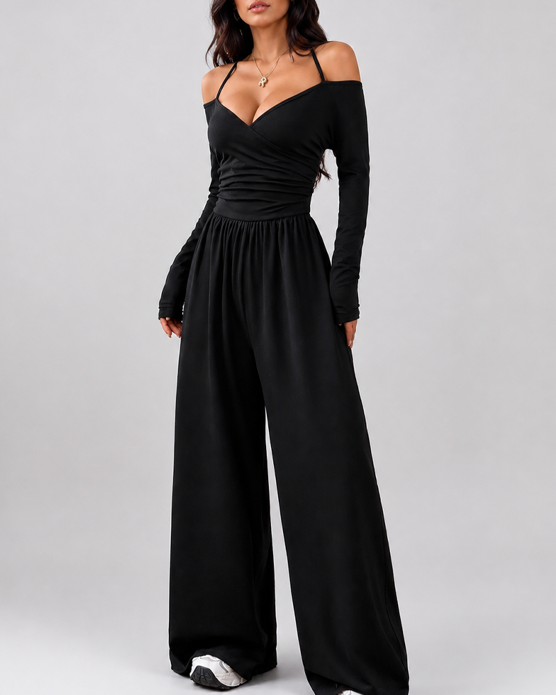Halter Tie Open Back Long Sleeve Ruched Wide Leg Jumpsuit