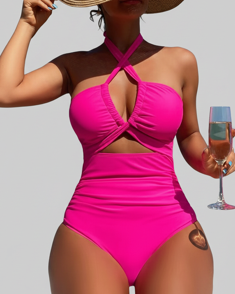 Deep V Cutout Ruched One Piece Swimsuit with Crisscross Open Back