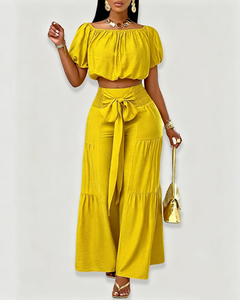 Beach Vacation Off Shoulder Bow Tie Wide Leg Pants Matching Set