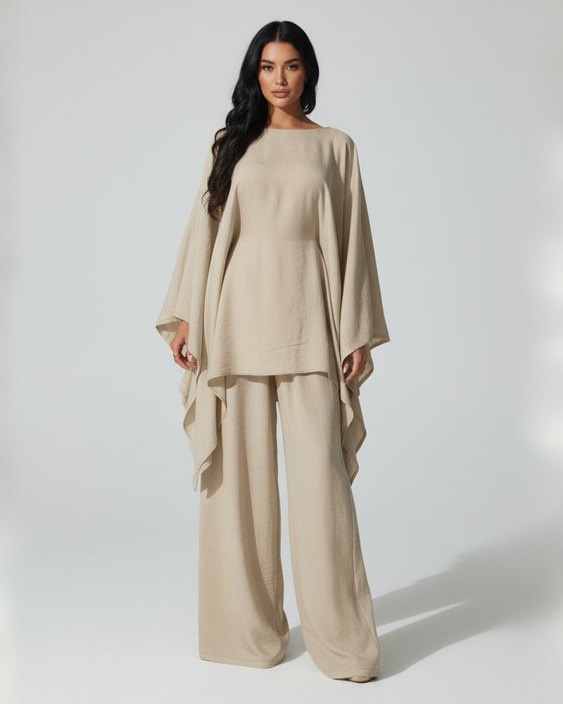 Cape Batwing Sleeve Solid Textured Wide Leg Pants Casual 2 Piece Outfit