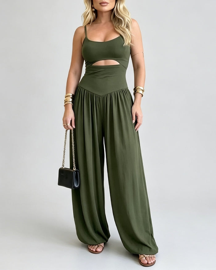 Waist Cutout Tie-Back Flowy Wide Leg Jumpsuit Women