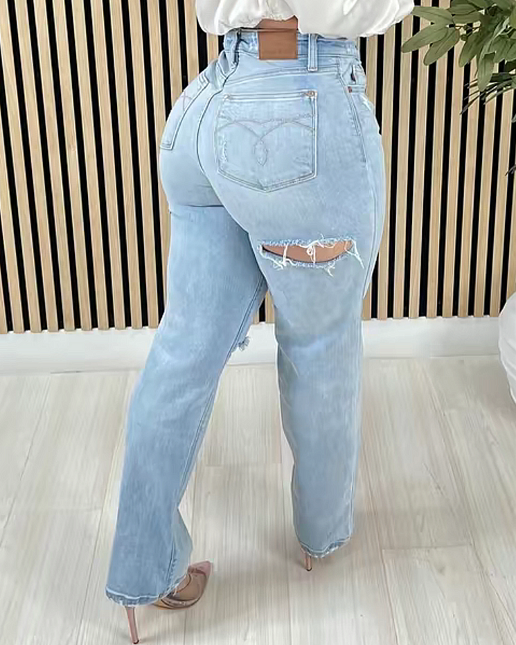 High Waisted Tummy Control Ripped Flared Jeans