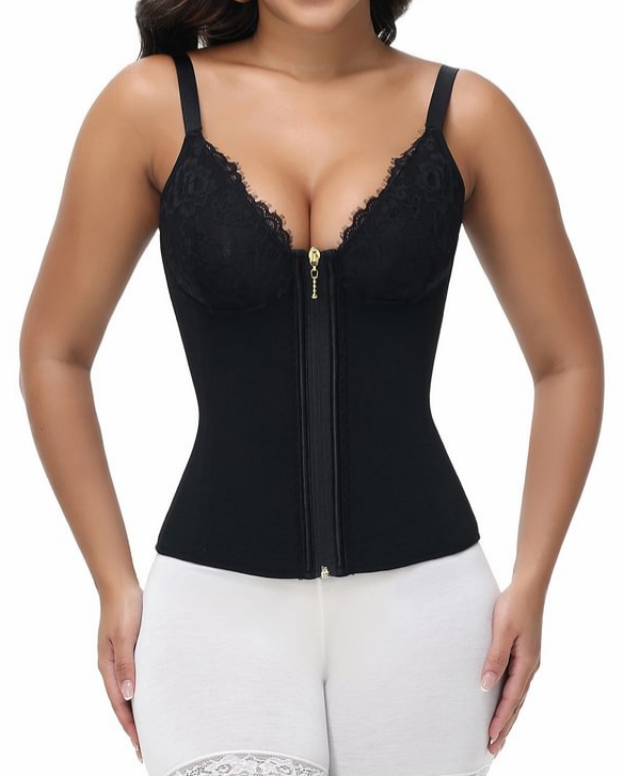 Deep V Lace Corset Top Trimmed Waist Trainer with Front Zipper