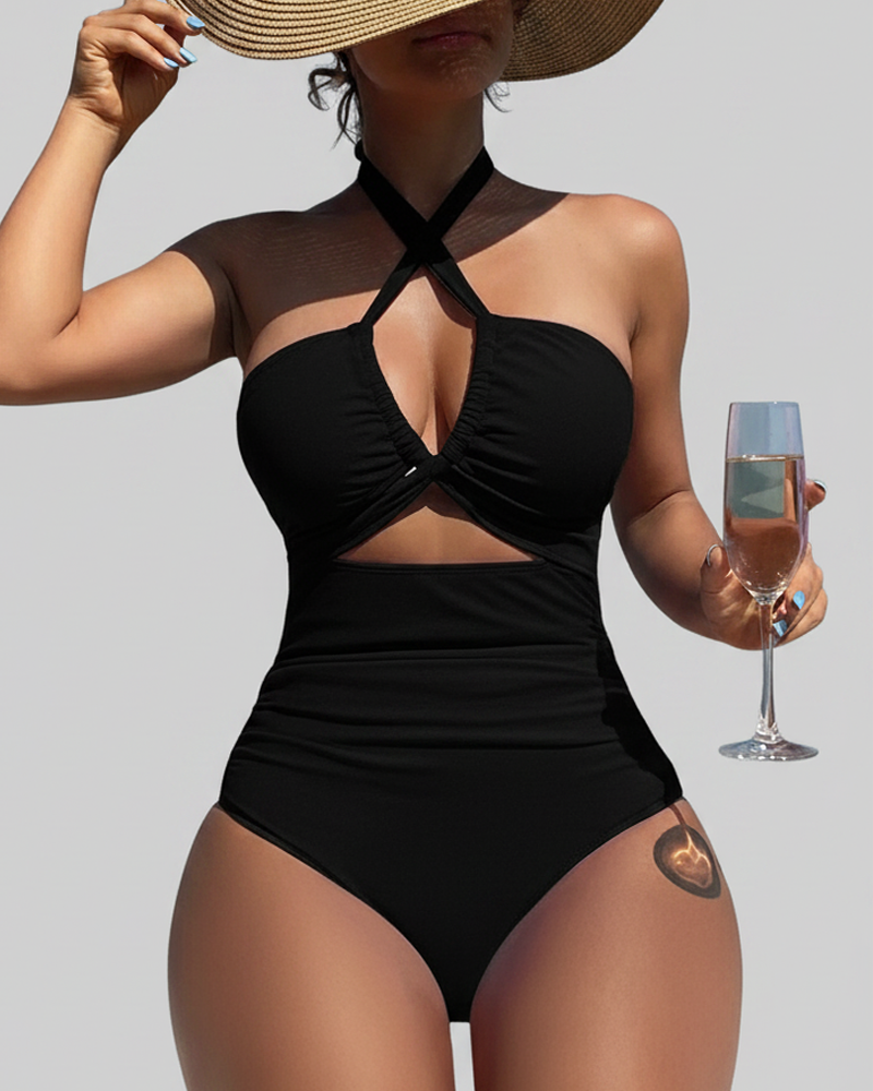 Deep V Cutout Ruched One Piece Swimsuit with Crisscross Open Back