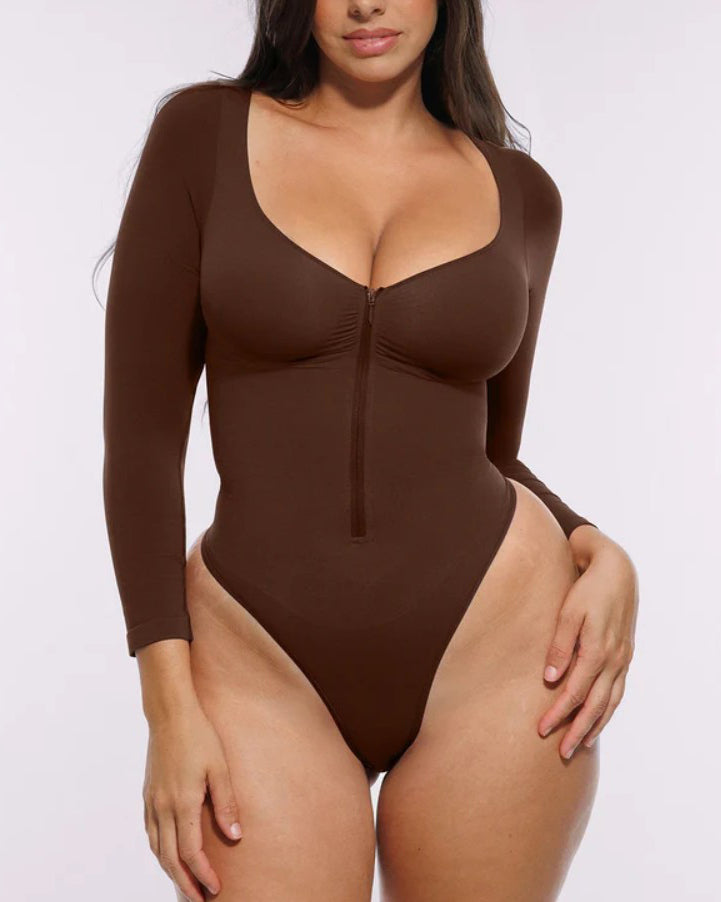 Front Zipper Seamless Slimming Long Sleeve Thong Bodysuit
