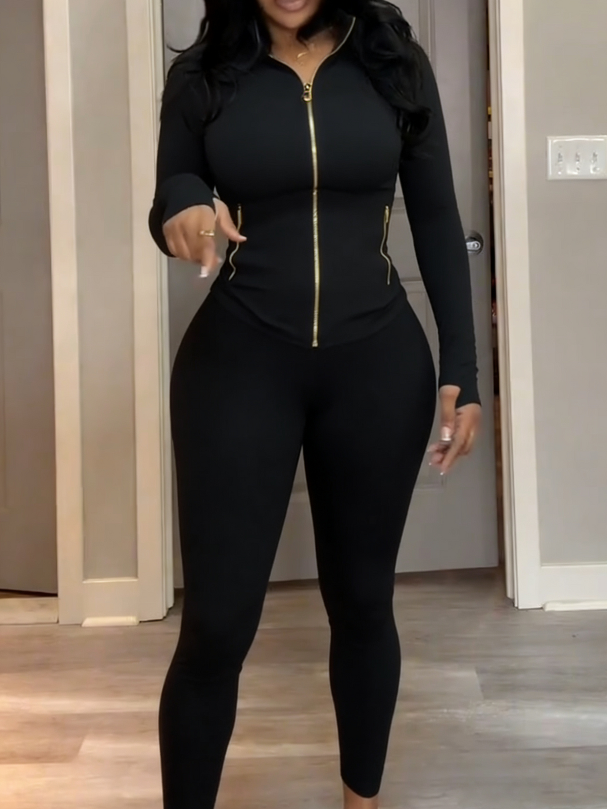 Body Shaping Yoga Set Gold Zip Up Jacket With Pockets（Pre_Sale）