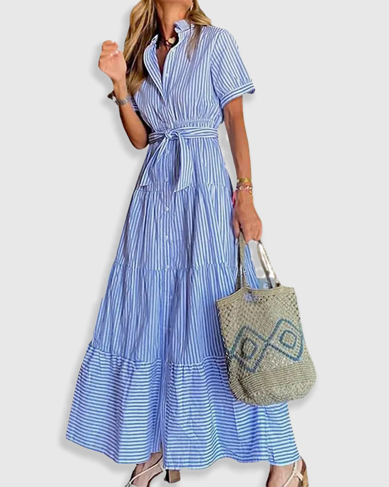 Fashion Striped Loose Tie-Waist Short Sleeve Shirt Dress